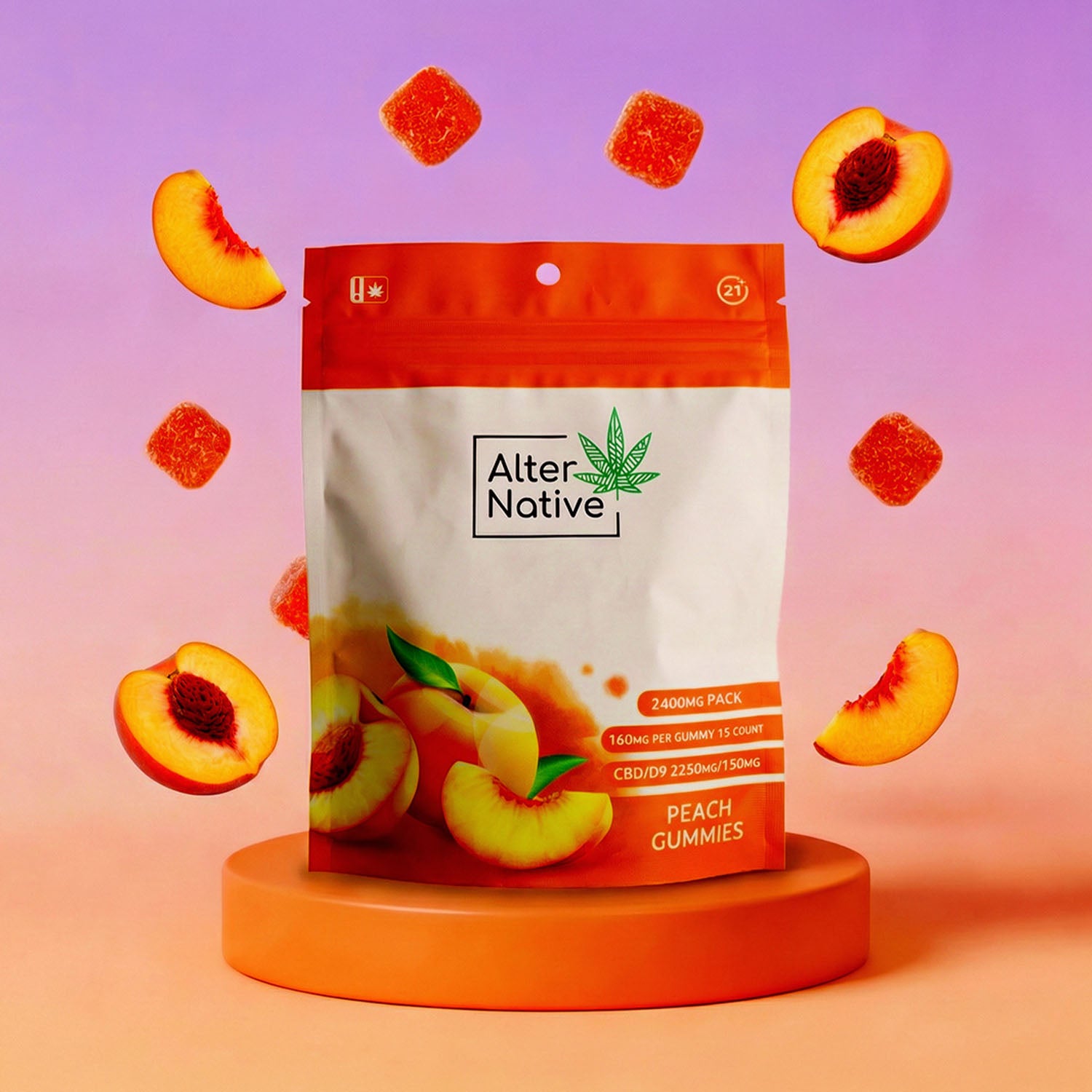 Alter Native Peach Delta-9 THC + CBD Gummies — front of jar